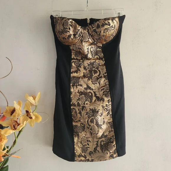 green emerald velvet dress Bebe Women's Gold Bar Detail Dress, Black, Xs main image 0